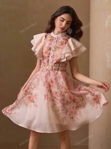Elegant Romantic Floral Printed Half-Button Decorative Belt Vacation Style Dress For Women