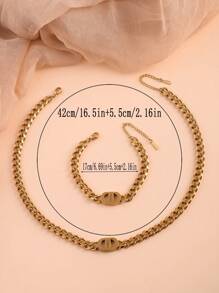 Gold Cuban Chain Geometric Charm Necklace & Bracelet Set, Hip-Hop Thick Chain Jewelry Set, Suitable Gift For Mom, Wife, Friends, Students