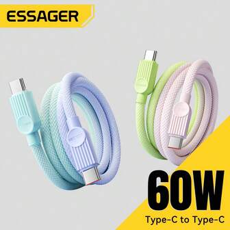 ESSAGER USB C 转 Type C 数据线，适用于手机快速充电 480Mbps PD QC USB C 数据线，兼容 16、16 Pro Max、15、15 Plus、15 Pro、15 Pro Max，兼容 Redmi，兼容 OnePlus Charger Nan
