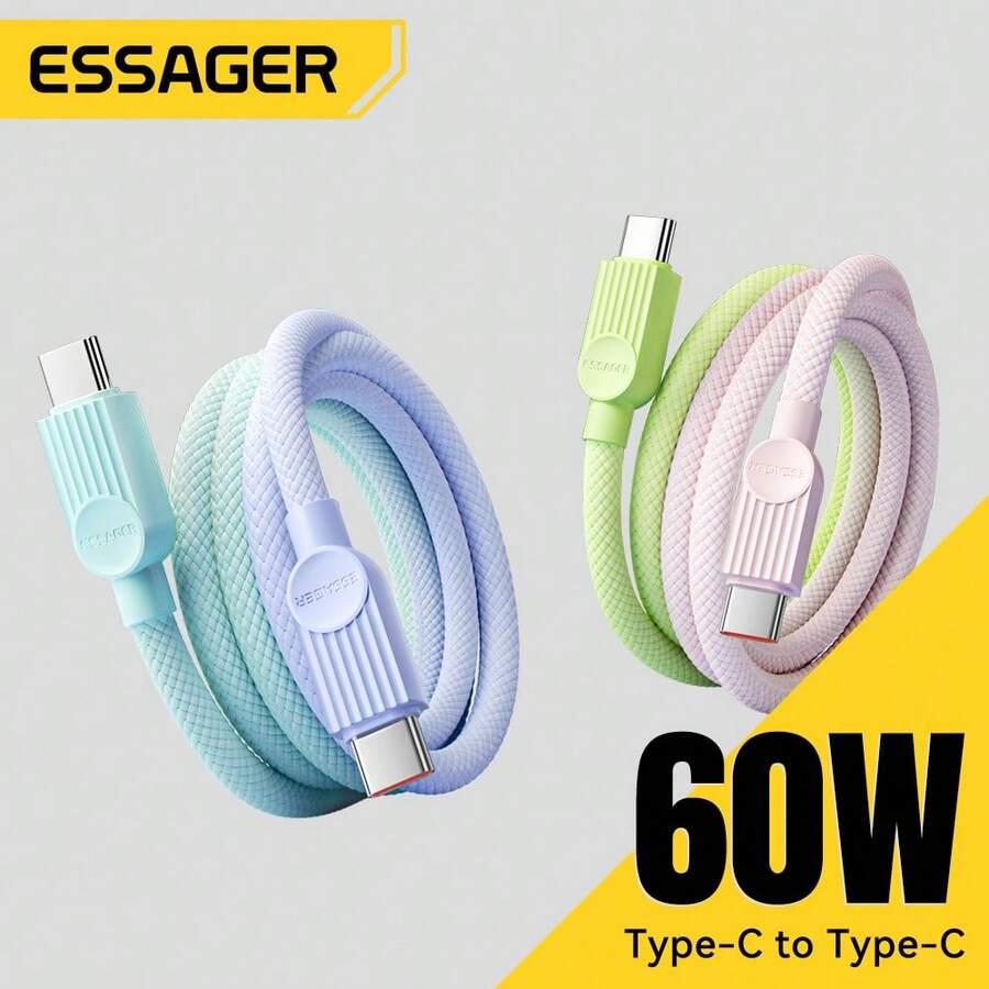 ESSAGER USB C 转 Type C 数据线，适用于手机快速充电 480Mbps PD QC USB C 数据线，兼容 16、16 Pro Max、15、15 Plus、15 Pro、15 Pro Max，兼容 Redmi，兼容 OnePlus Charger Nan - 紫綠色 - 查看 1