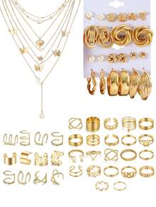 68pcs/64pcs/61pcs/35pcs/47pcs/54pcs Heart, Flower, Butterfly Faux Pearl & Rhinestone Ring, Earrings, Necklace, Bracelet Jewelry Set For Women, Gift For Date, Vacation, Daily Matching (No Box) - 彩色 - 查看 6