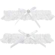 WEBEEDY 2Pcs Lace Wedding Garters For Bride Sexy Wedding Bridal Garter With Bow Party Prom Leg Garter Belt Tossing Thigh Garters Black Bowknot Elastic Leg Ring For Party Prom Birthday Halloween Christmas New Year - 白色 - 查看 1