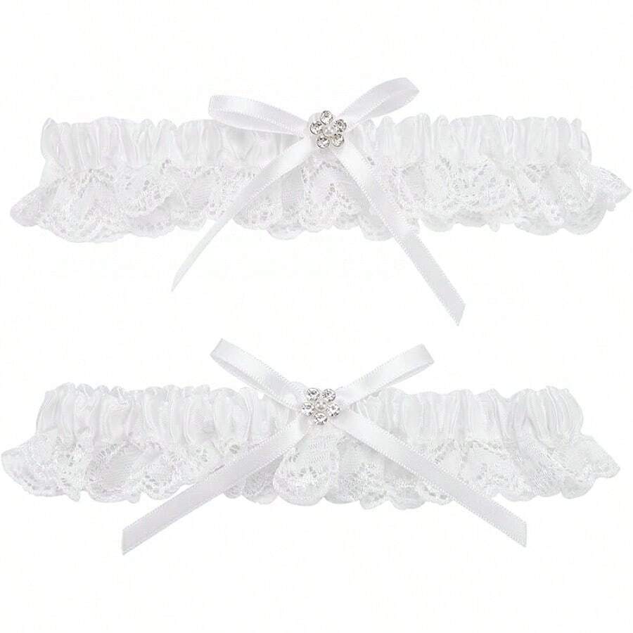 WEBEEDY 2Pcs Lace Wedding Garters For Bride Sexy Wedding Bridal Garter With Bow Party Prom Leg Garter Belt Tossing Thigh Garters Black Bowknot Elastic Leg Ring For Party Prom Birthday Halloween Christmas New Year - 白色 - 查看 1
