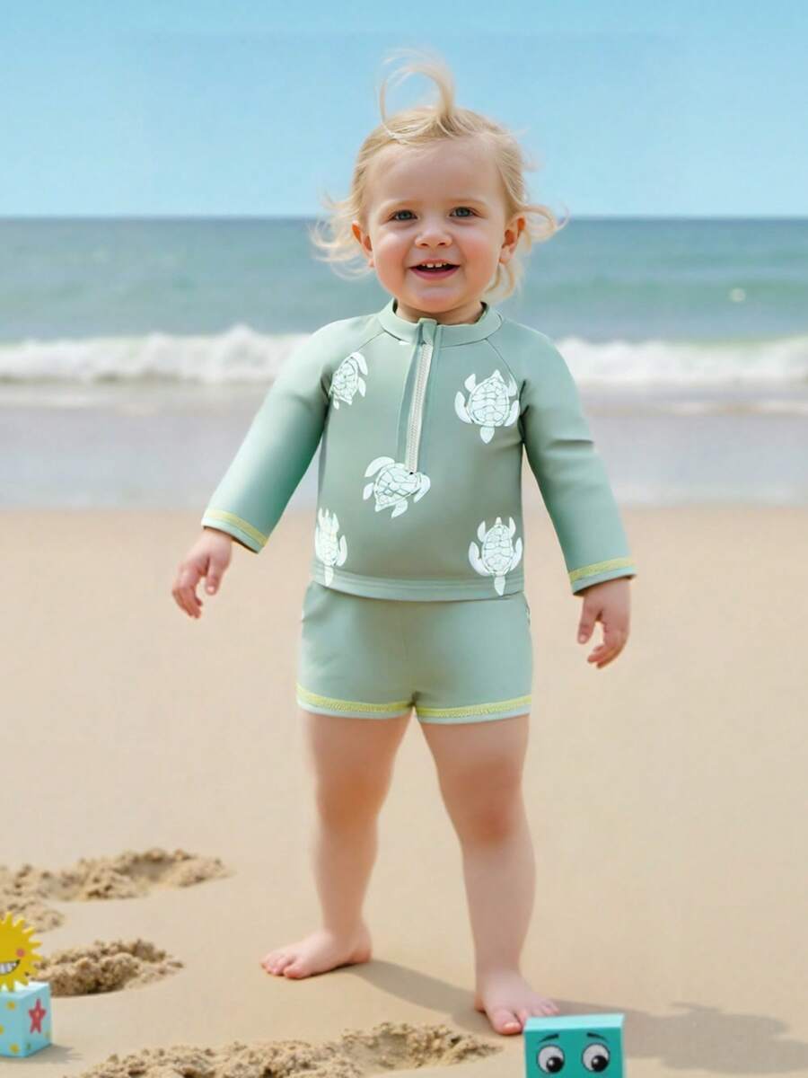Infant Baby Boy Swimsuit Rash Guard Swimwear Turtle Long Sleeve Zip Up Shirt Shorts Sunhat Bathing Suit - Green - View 1