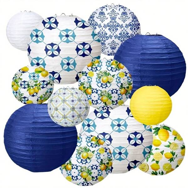 12pcs Paper Lantern Set, Lemon Party Decor, Spring/Summer Home Party Decoration, Green & Yellow Lemon Pattern, Baptism, Wedding, Birthday Decoration