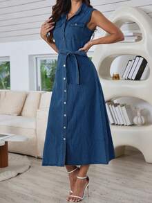 Women's Sleeveless Button-Up Denim Dress With Belt - Dark Wash - View 7