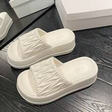 Damen ultra-weiche, leichte und bequeme EVA Gleitpantoffeln, einfarbige 7cm Keilplattform, geeignet für Teenager, Schwarz, Sommer