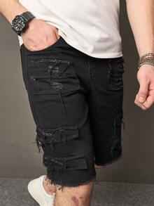 Men's Washed Blue Skinny Fit Stretch Cropped Jeans With Rips, Classic Blue Denim Casual Shorts For Men - Black - View 7