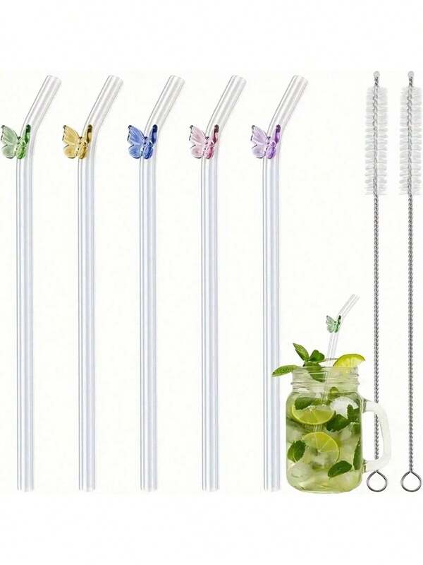 Set da 7 cannucce in vetro riutilizzabili con decorazioni a farfalla, incluse 2 spazzolini per la pulizia, adatte per frullati, succhi, bevande, latte, forniture per feste, colori casuali, articoli per il ritorno a scuola