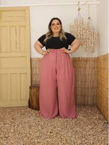 Women's PLUS SIZE Wide Leg Pants With Firm And Structured Waistband, Very Fluid, Fits Up To Size 60 - Rusty Rose - View 1