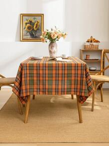 1pc Green & Orange Plaid Tablecloth With Golden Thread, Farmhouse Style Dining Table Cover, Polyester Material, Suitable For Kitchen, Dining Room And Christmas Decoration