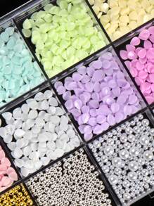 12pcs/Set Colorful Macaron-Shaped Nail Art Decorations, Resin Flower Petals Decor With Mixed Metallic Beads, Manicure Accessory Set