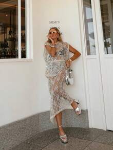 Women's Y2K Sequins Flower Sheer 2 Piece Skirt Outfits Cap Sleeve Tops Long Skirt Set Bikini Cover For Beachwear - 白色 - 查看 2