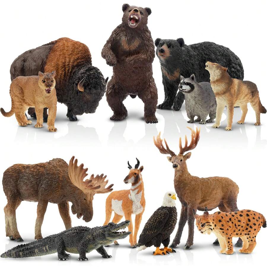 North American Forest Animal Figurines Educational Toy Cake Toppers,Realistic Jungle Animal Set, Christmas Birthday Gift For Kids Toddlers, Includes Elephant,Camel,Giraffe,Tiger Lion,Panda,Bear,Deer,Hippo,Rhino,Raccoon,Lynx,Wolf,Eagle,Beaver, Rabbit,Beaver,Bald Eagle, And More
