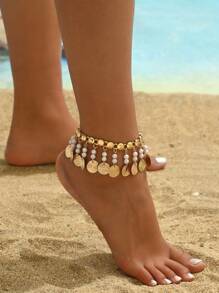 1pc Boho Personalized Exaggerated Beaded Retro Coin Anklet, Suitable For Beach Vacation Wear