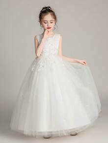 Tween Girls Elegant Embroidered Applique Bridesmaid Flower Girl Dress, White Sequin Holy Communion Party Wedding Banquet Graduation Formal Gown - trắng - Xem 4