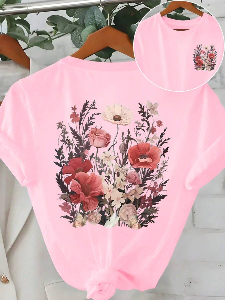 DZD-1 黑色标签女士短袖T恤，时尚适合夏季 - 粉色 - 查看 1