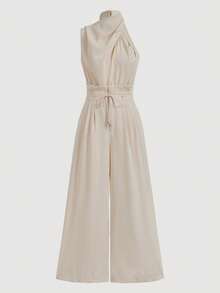 Jeta Ari Women's Apricot Elegant Commuter Stacked Neck Top And Wide Leg Pants Two Pieces Set,Teacher Clothes,Lightweight And Comfortable Pants Two Pieces Set,Asymmetrical Sleeveless Top Two Pieces Set,Suitable For Spring, Summer And Fall,Loose Pants Two Pieces Set,Designer Two Pieces Set,Concert Women Outfit,Elegant Evening Dress,Suitable For Daily, Party, Homecoming Season, Wedding Season, Performance Costumes - Khaki - View 7