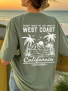 Women's New Summer Casual Round Neck Short Sleeve T-Shirt, Simple Versatile Palm Tree Slogan Print Top, Suitable For Daily Wear. Graphic Tee, Vacation - Green - View 6