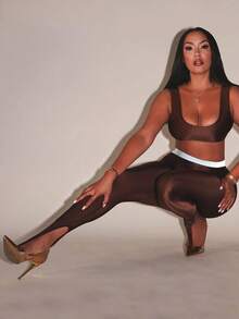 女式高腰闪亮紧身打底裤，性感优雅，高弹力，春夏 - 咖啡色 - 查看 2