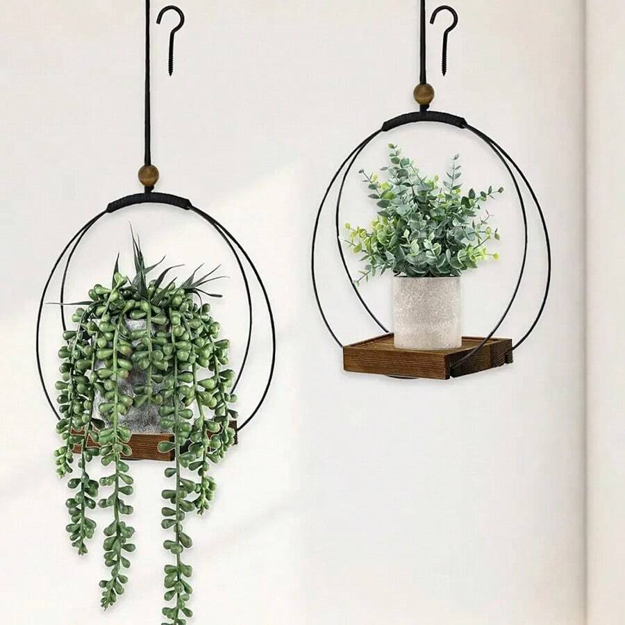 Boho Macrame Hanging Plant Hangers With Solid Black Wood Base - Indoor/Outdoor Rectangular Window Wall Ceiling Mounted Planters, Wood Minimalist Design For Home Decor (Pots & Plants Not Included), Hanging Plant Holder, Indoor Outdoor Decor, Boho Chic Decor, Handcrafted Look, Interior Designers - màu đen - Xem 1