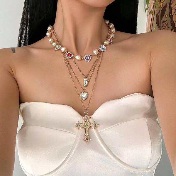 1pc Random Color Elegant Faux Gem & Pearl Beaded Necklace, Fashion Jewelry Accessory For Women, Suitable For Party, Daily Wear, And Couples Gift
