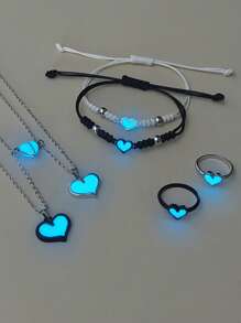 ATLVXJL 6pcs/Set Glow-In-The-Dark Heart Pendant Necklace, Bracelet, And Ring Set, Stainless Steel Magnetic Clasp Couple/Friendship Jewelry, Suitable For Everyday Wear And Valentine's Day Gift