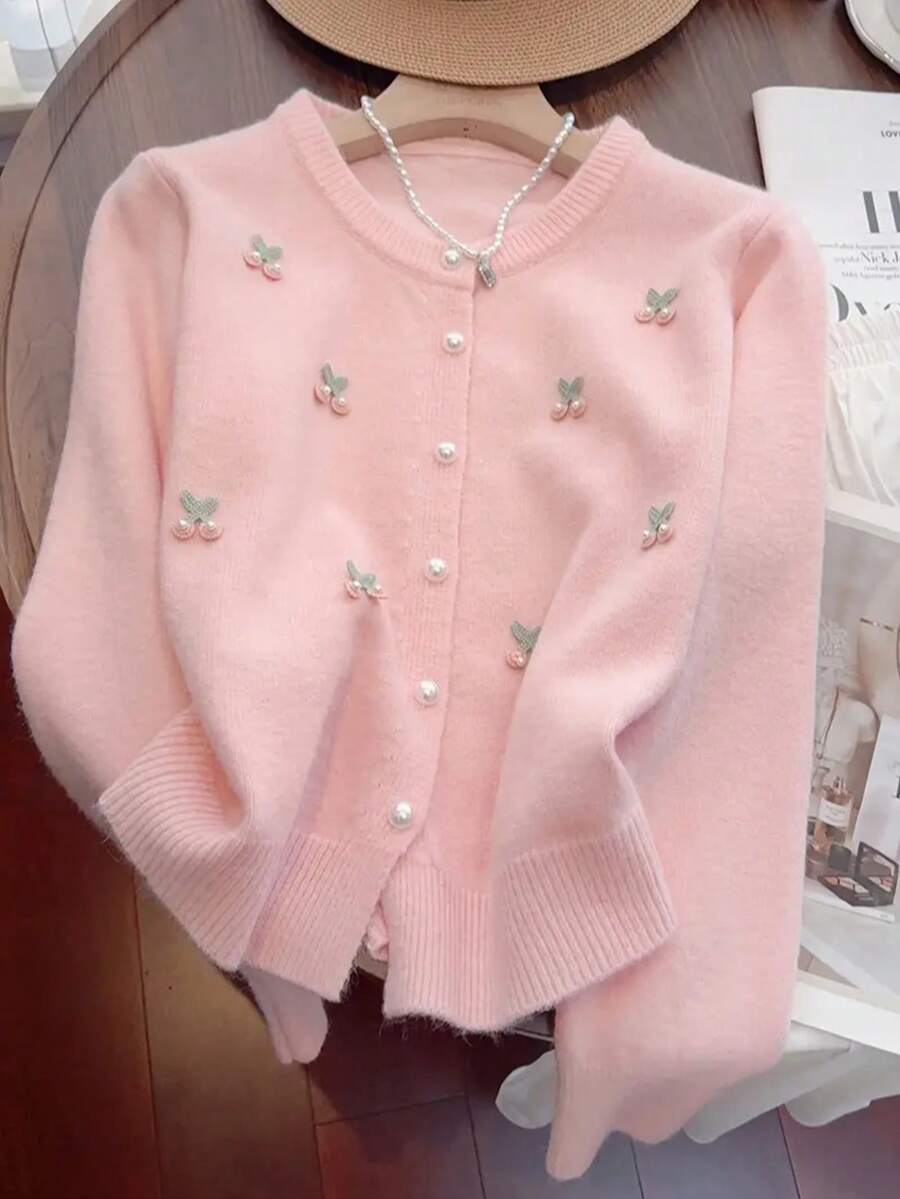 Cardigán Elegante para Mujer - Suéter de Cuello Redondo con Aplicaciones Florales, Manga Larga y Abierto al Frente, Tejido Suave y Elástico, Lavable a Máquina, Moda Otoño-Invierno, Prenda Capas, Ropa Casual de Invierno, Chic y Decorativo - Rosa - Ver 1