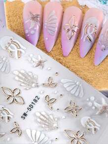 2 Pieces Of Summer Hot Stamping Jellyfish Shell Relief Nail Art Stickers - Summer Ocean Fresh And Simple Hot Stamping White Jellyfish, Shell, Starfish And Small Flower Art Design, 5D Relief Technology, Suitable For Women's Disposable Self-Adhesive Back Adhesive Nail Art Stickers, Summer Ocean Simple Theme Style, Easy To Stick Nail Decoration Stickers