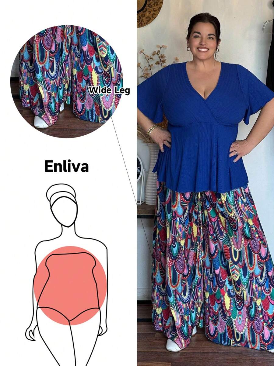 Enliva Jolene.Mendez Plus Size Full-Print Elastic Waisted Tie Super Wide-Leg Pants Beach, For Apple Rounded Body Shape