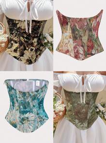 Women Vintage Floral Waist Trainer, Cincher Corset Bustier Top With Back Tie, Suitable For New Year Party, Valentine's Day, Holiday Outfits