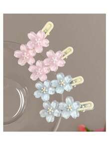 4pcs Romantic Sweet Pink/Blue Sakura Hair Clips, Cute Side Bangs Clips For Women, Y2K Fairy Decorative Hair Accessories, Ins Style, Hair Clip Card Paper Not Included, Suitable For Daily Use, Valentine's Day Gift Back To School