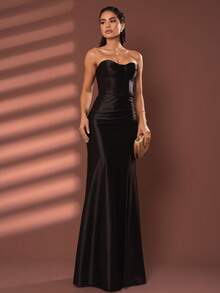 LONG WEDDING PARTY DRESS FOR BRIDESMAID FASHIONISTA STRAPLES WITH SLIT - BLACK - View 1