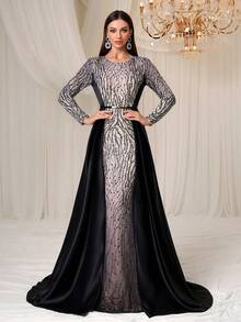 Elisanya Women's Formal Gala Evening Dress, Elegant Luxury Sequin & Satin Patchwork Long Sleeve Dress - Black - View 2