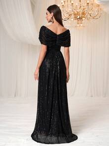 Elisanya 女式闪亮优雅双V领褶饰晚礼服，适合派对、正式场合、礼服、婚礼宾客 - 黑色 - 查看 2