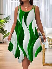 Vestido camisero informal con estampado de rayas y bajo asimétrico para mujer talla grande - Verde - Ver 2