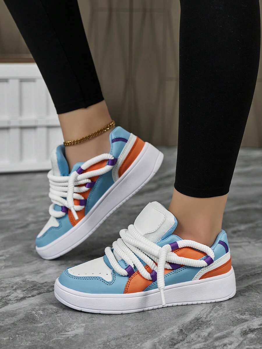 Comfortable And Stylish Outdoor Leisure Shoes, Suitable For City Walking, Commuting, Fitness And Traveling, Round Toe Low Top Color Block Lace-Up Chunky Sneakers, Versatile And Perfect For Holidays Gift Women Sports Shoes - 白藍桔 - 查看 1