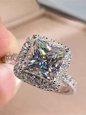 925 纯银方晶锆石几何方形戒指，高品质女士珠宝礼物