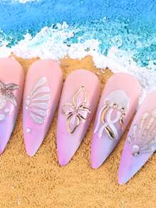 2 Pieces Of Summer Hot Stamping Jellyfish Shell Relief Nail Art Stickers - Summer Ocean Fresh And Simple Hot Stamping White Jellyfish, Shell, Starfish And Small Flower Art Design, 5D Relief Technology, Suitable For Women's Disposable Self-Adhesive Back Adhesive Nail Art Stickers, Summer Ocean Simple Theme Style, Easy To Stick Nail Decoration Stickers