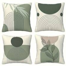4Pcs, Boho Sage Green Pillow Covers, Boho Abstract Geometric Leaf Throw Pillow Covers - Contemporary Sage Green, Machine Washable Polyester, Single-Sided Design - 16x16, 18x18, 20x20 Inches, No Pillow Insert. - Multicolor - View 1