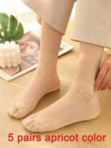 5 Pairs Ladies' Lace Socks,Summer Mesh Hollow Socks,Women's Sports Transparent Lace Socks Christmas Gift - Solid Color - View 6
