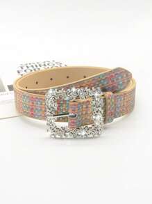 1pc Women's Crystal Embellished Buckle Shiny Sequin PU Leather Belt, Elegant And Casual For Dress And Outfit Pairing Valentines Summer, School