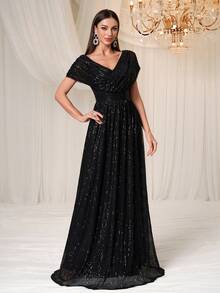 Elisanya 女式闪亮优雅双V领褶饰晚礼服，适合派对、正式场合、礼服、婚礼宾客 - 黑色 - 查看 3