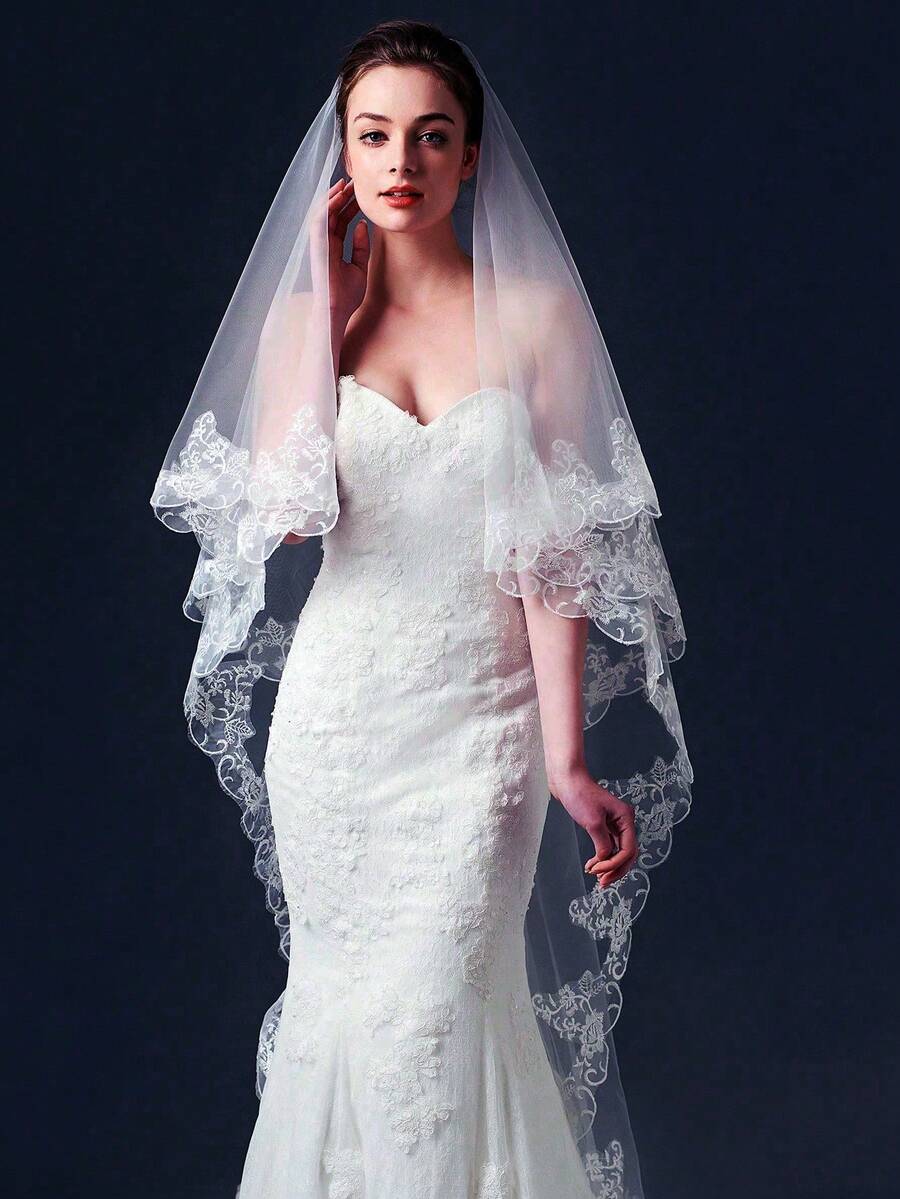 1pc White Embroidered Lace Trim Bridal Double Layer Long Wedding Veil - White - View 1