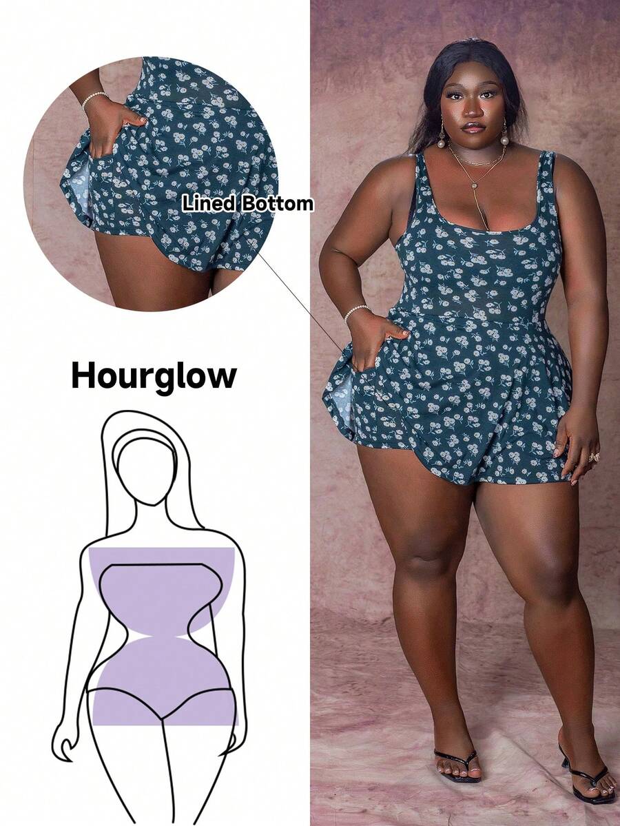 CurvyTilda Tildaharris Plus Size Women Ditsy Floral Romper With Pockets, For Hourglass Body Shape - Dark Green - View 1