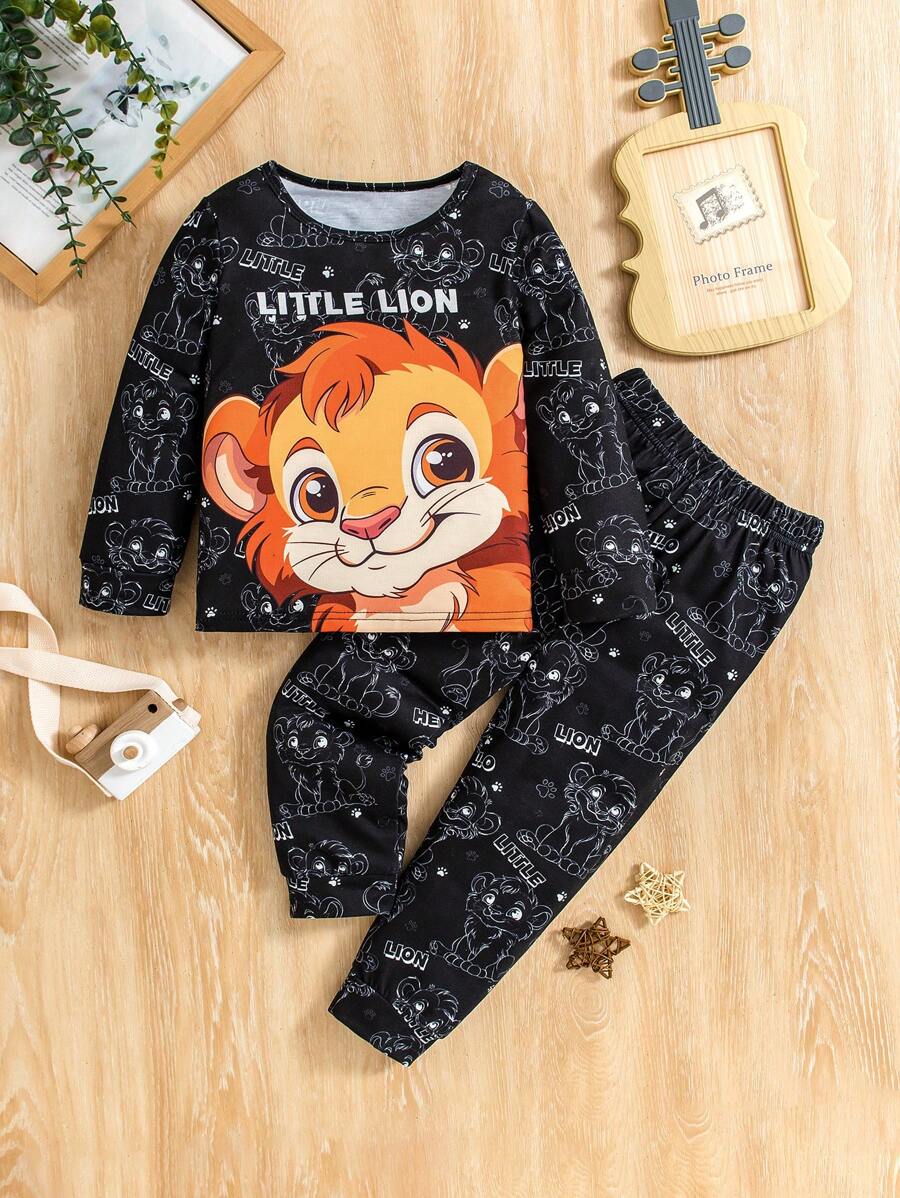 Young Boy Adorable Cartoon Lion Theme Set, Long Sleeve & Long Pants Design, Crafted With Soft & Comfortable Fabrics To Care For Delicate Skin. Cute Cartoon Lion Print Design Adds Lively Fun, Suitable For Casual Everyday Wear Or Sports, Warm And Full Of Childlike Charm.