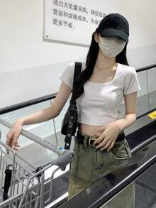 短款法式方领T恤，女士夏季短袖棉质上衣，美式风格