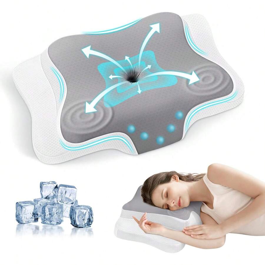JINXIA Cervical Memory Foam Pillow For Neck Pain, Bed Sleeping Pillow For Shoulder Pain,Ergonomic Orthopedic Support Pillow For Side/Back/Stomach Sleepers With Removable Cover(Ice Silk Pillowcase) - Grey - View 1