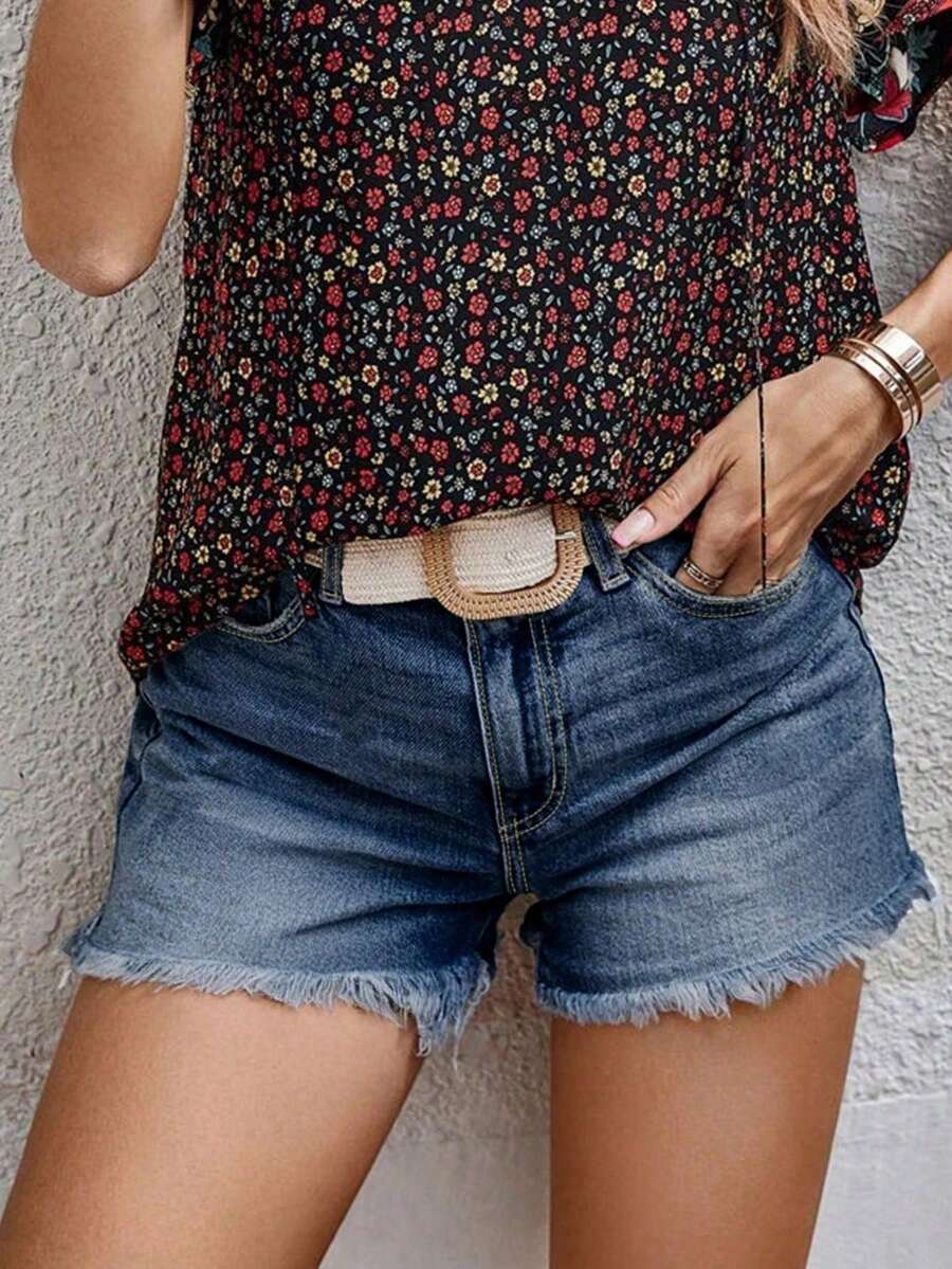 西部牛仔女装夏季休闲修身直筒牛仔短裤女式度假海滩乡村音乐会 - 深色水洗藍 - 查看 1