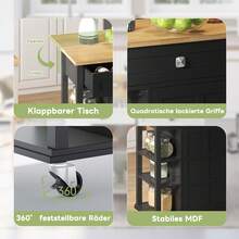 MERAX Kitchen Island With Folding Worktop, Multifunctional 120*65 Cm Expandable, 2 Drawers, Spacious Storage, On Wheels – Stylish Serving Cart For Kitchen, Dining Room & Living Room, Black